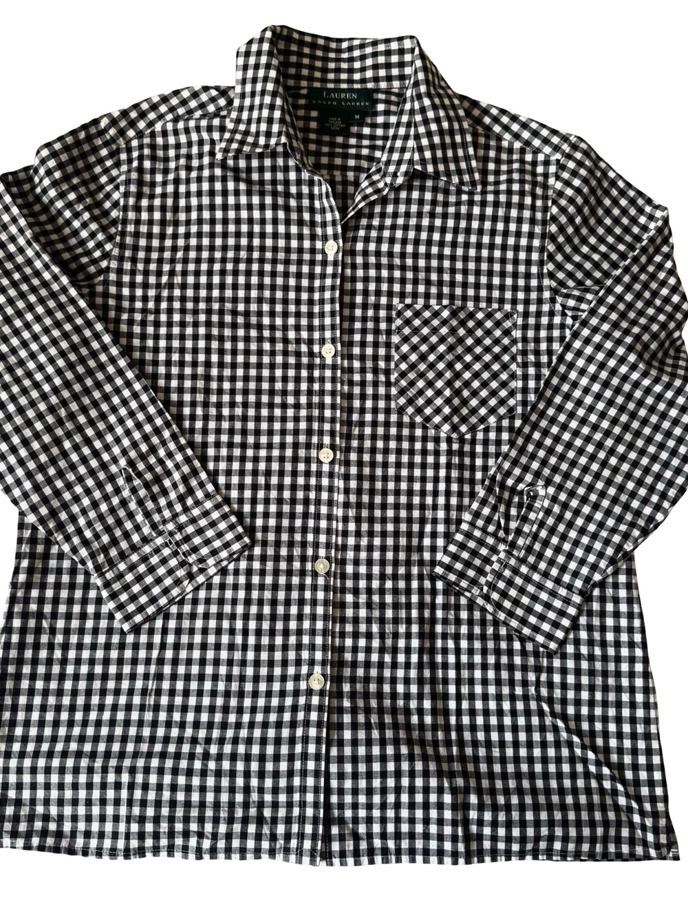 Lauren Ralph Lauren Women’s Black/White Gingham 3/4 Sleeve Button-Up Size M